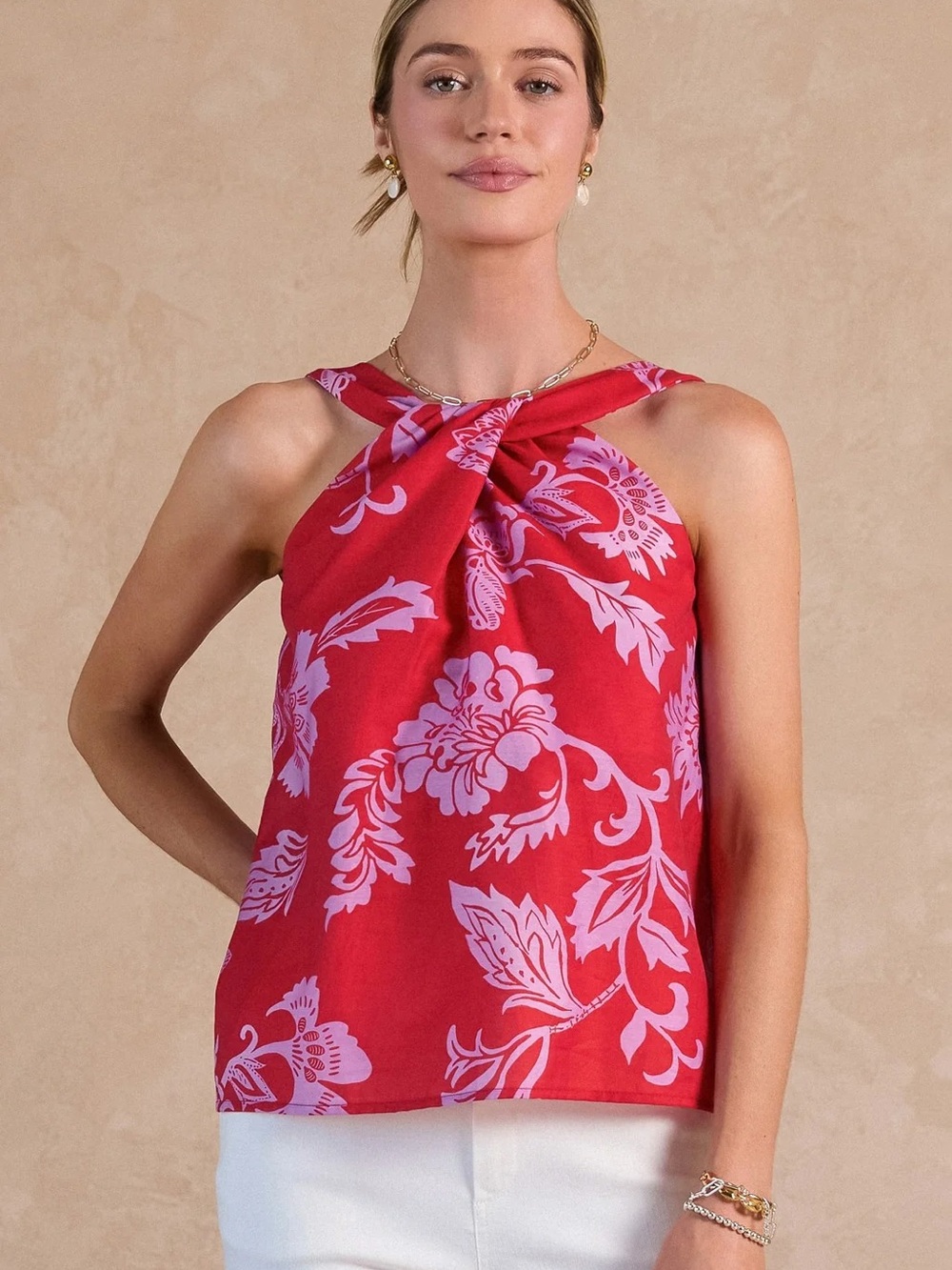 Current Air Twist-Halter Floral Print Tank Top Red Lavender small
